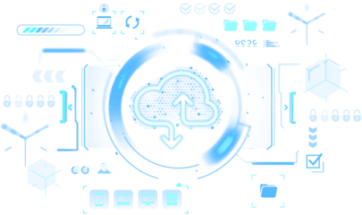 Futuristic cloud upload and download icon in blue HUD interface graphics, isolated on white background, representing secure data transfer business concept