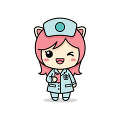 Fototapeta premium Cartoon nurse character with pink hair and medical uniform