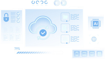 Cloud synchronization icon with security padlock, AI chip, and document icons in a futuristic interface style on a white blurred background for business concept