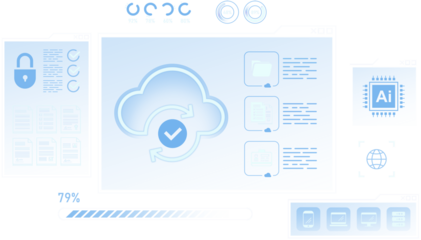 Cloud synchronization icon with security padlock, AI chip, and document icons in a futuristic interface style on a white blurred background for business concept