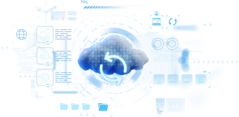 Blue cloud with sync arrows surrounded by digital elements, minimal graphic style, isolated on clean white background, concept of cloud data management