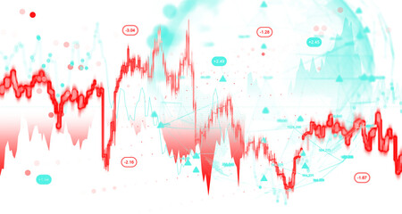 Abstract red and cyan financial chart with stock fluctuations, glowing lines, and geometric shapes on white background, symbolizing business data analysis