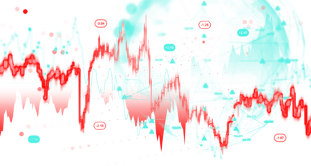 Abstract red and cyan financial chart with stock fluctuations, glowing lines, and geometric shapes on white background, symbolizing business data analysis