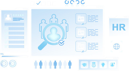 HR recruitment interface with resume, magnifying glass, and candidate icons in soft blue style on...