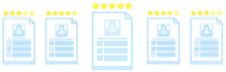 Central glowing resume with five stars surrounded by blurred documents, clean white background, minimal style, concept of best candidate selection