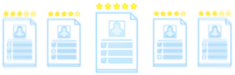 Central glowing resume with five stars surrounded by blurred documents, clean white background, minimal style, concept of best candidate selection