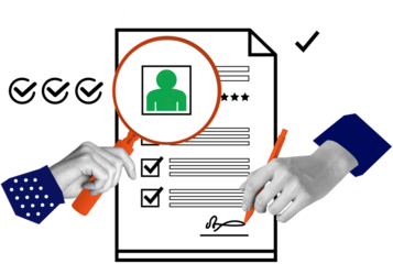 Job application paper with profile image, magnifying glass, and pen in hands, cut-out collage style on white background, concept of recruitment and hiring