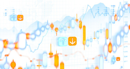 Abstract financial chart with orange and blue candlesticks, arrows and data elements in a soft graphic style on a white background, showing business concept