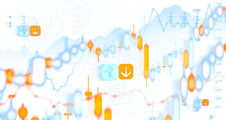Fototapete Altes Krankenhaus Beelitz Abstract financial chart with orange and blue candlesticks, arrows and data elements in a soft graphic style on a white background, showing business concept  © ImageFlow
