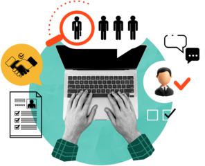 Hands typing on laptop surrounded by resume, candidate, and hiring icons in collage style on white background, representing business recruitment process
