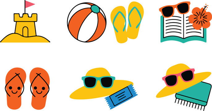 Summer Beach Vacation Icon Set Sandcastle, Flip Flops, and Fun