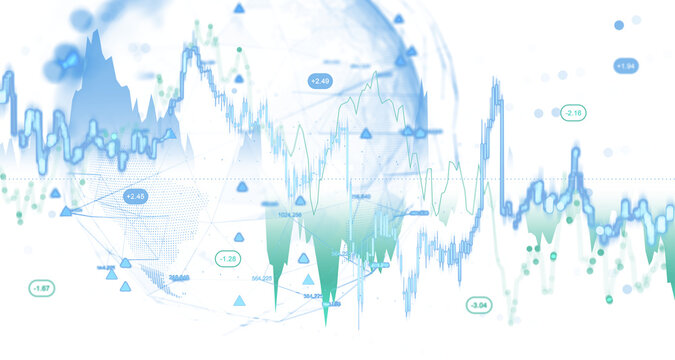 Financial graphs, charts, and data points with a translucent globe in clean abstract style on white background, symbolizing business and analytics concept - Powered by Adobe
