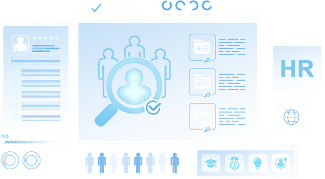 HR recruitment interface with resume, magnifying glass, and candidate icons in soft blue style on white background, symbolizing business hiring concept