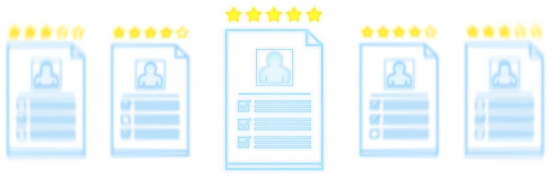 Central glowing resume with five stars surrounded by blurred documents, clean white background, minimal style, concept of best candidate selection