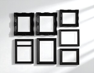 A collection of seven empty black picture frames on a white wall