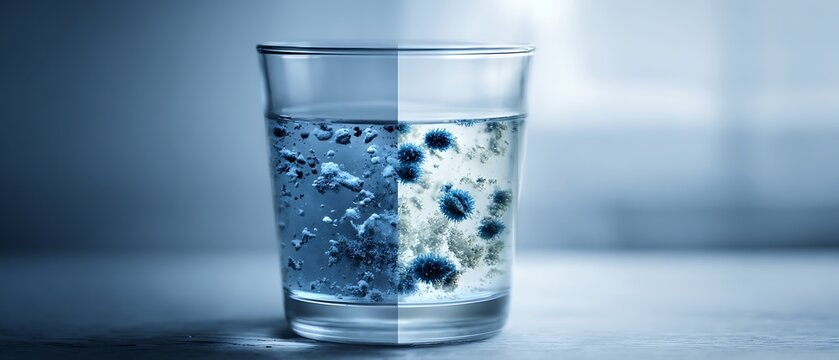 Half clean transparent water glass, half polluted water with e.coli bacteria floating, microscopic visualization, healthcare concept