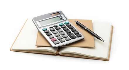 A calculator and pen resting on an open notebook, symbolizing finance and study