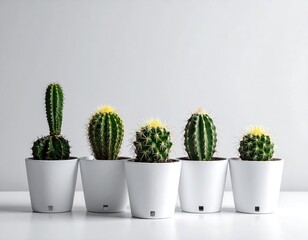 A collection of small potted cacti on a white surface