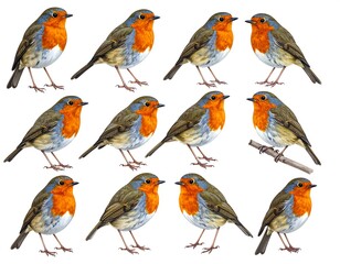 A collection of twelve birds with orange chests and brown wings