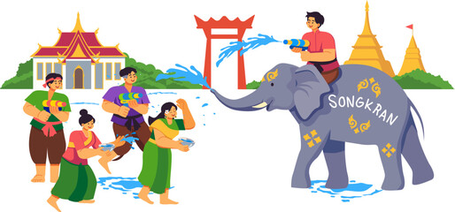 estive Songkran Illustration with Thai People in Traditional Clothing and Elephant