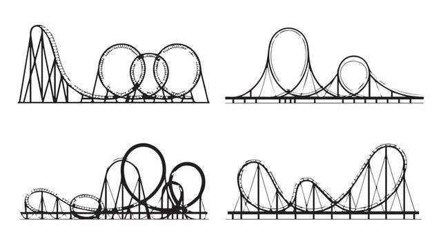 Dynamic black and white line art illustrations showcasing various exciting roller coaster designs with exhilarating loops and steep drops, perfect for amusement park themes