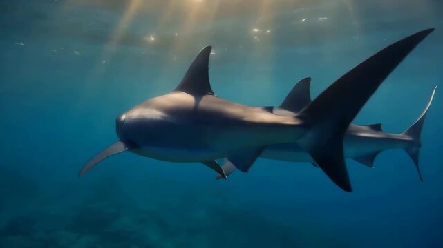 Shark Swimming Underwater with Sun Rays
