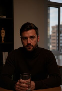 Stilvoller Mann im modernen B&uuml;ro h&auml;lt Glas Wasser am Schreibtisch, dunkle elegante Kleidung, ruhige Atmosph&auml;re mit Kunstobjekt, Business, Fokus und Professionalit&auml;t