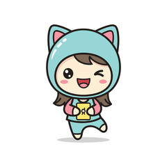Cute cartoon girl wearing cat costume and holding bell