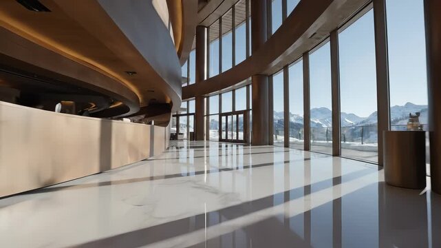 Modern architectural interior with large windows and mountain views.