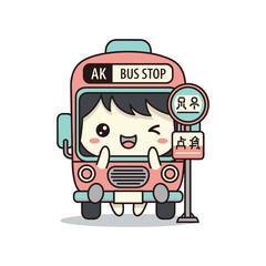 Fototapeta premium Cartoon bus with character and bus stop sign