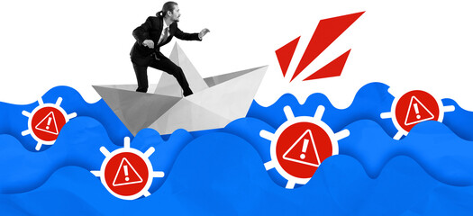Businessman on paper boat navigating blue waves with red warning icons, collage style on white background. Concept of risk, crisis, and danger management