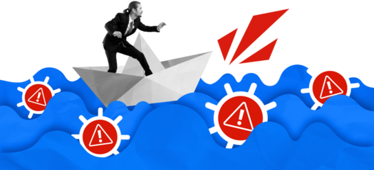 Businessman on paper boat navigating blue waves with red warning icons, collage style on white background. Concept of risk, crisis, and danger management