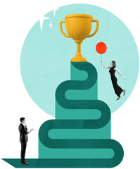 Businessman and woman in surreal collage, winding path to golden trophy, floating with balloon,...