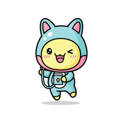 Fototapeta premium Cute cartoon character in cat costume with camera