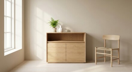 Fototapeta premium Minimalist Light Wood Sideboard with Chair in Bright Room