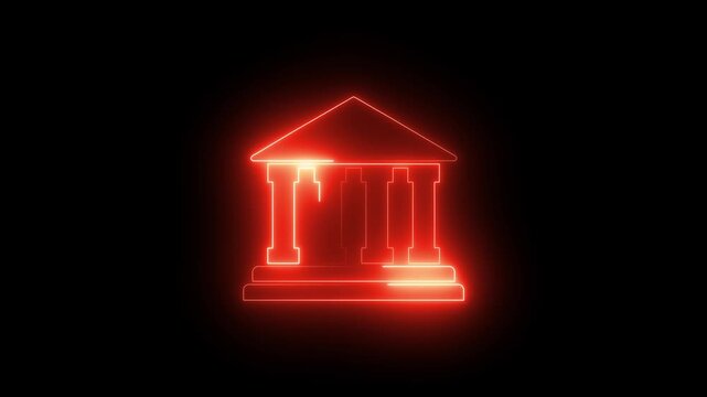 Neon glowing bank building icon animation on black background, neon bank icon animation, virtual finance structure light motion,
White bank building icon in a glowing neon circle