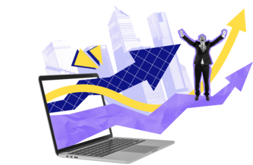 Businessman celebrating success with arrows and charts emerging from laptop, creative collage style on white background, concept of digital business growth