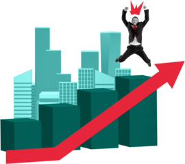 Excited businessman jumps above city buildings with a red arrow showing growth, creative collage style on white background, concept of business success