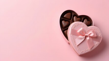 Heart Shaped Chocolate Gift Box on Pink Background with Copy Space