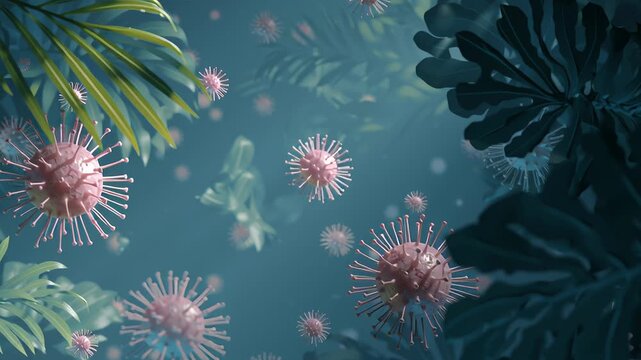 Clinical editorial illustration of a zoonotic virus outbreak, microscopic virus particles floating over a subtle tropical-region silhouette, clean medical color palette, soft dramatic lighting