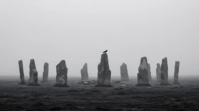 Raven on ancient stone circle in mist, flying and landing on another stone, depicting mysterious prehistoric site