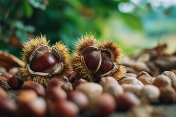 Fresh chestnuts with spiny husks on natural ground