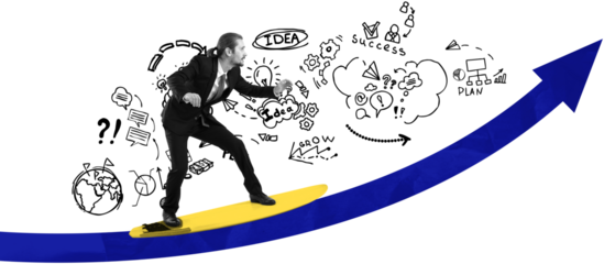 Businessman surfing on a yellow board over a blue arrow with hand-drawn idea and success doodles, on a clean white background, symbolizing strategy and growth