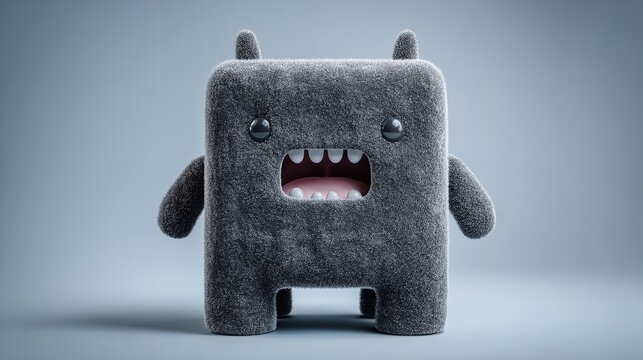 Cuboid fuzzy monster with open mouth and short horns