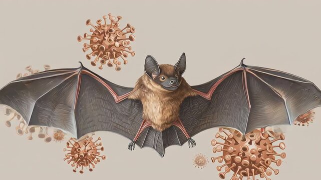 Educational health editorial illustration, realistic bat anatomy combined with medical-style virus graphics, balanced composition, neutral background, trustworthy commercial article visual
