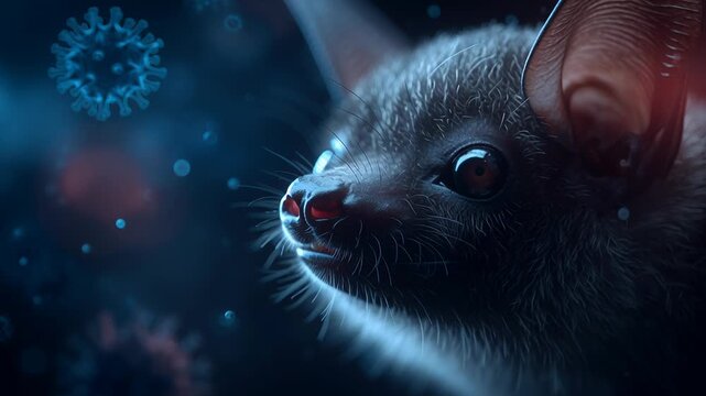 Bat and infectious disease concept, close-up bat face with shallow depth of field and faint virus particle glow, cinematic realism, serious scientific tone, commercial editorial illustration