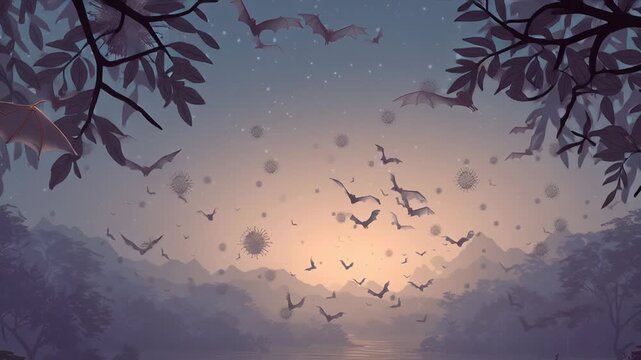 Environmental health illustration, bat habitat at dusk with subtle airborne virus visualization, natural color grading, realistic atmosphere, science and ecology editorial