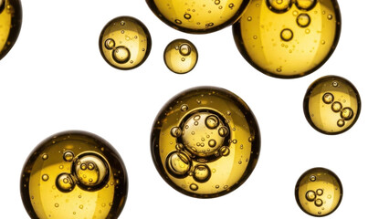 Fototapeta premium Golden Yellow Oil Bubbles and Droplets on White Background