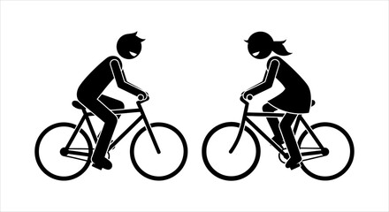 Obraz premium Minimalist black silhouettes of a man and a woman on bicycles, illustrating healthy outdoor activity and shared recreation