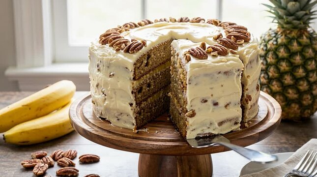 Decadent banana pineapple cake with pecan frosting served on a wooden stand cake banana pineapple, dessert.
